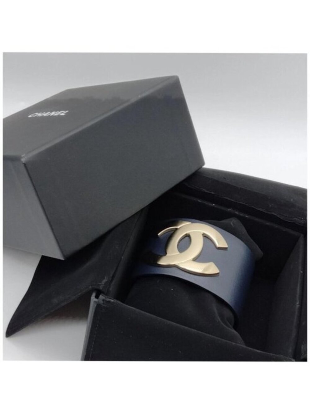 Authentic Chanel Black Leather Gold CC Cuff Bracelet - Picture 9 of 9